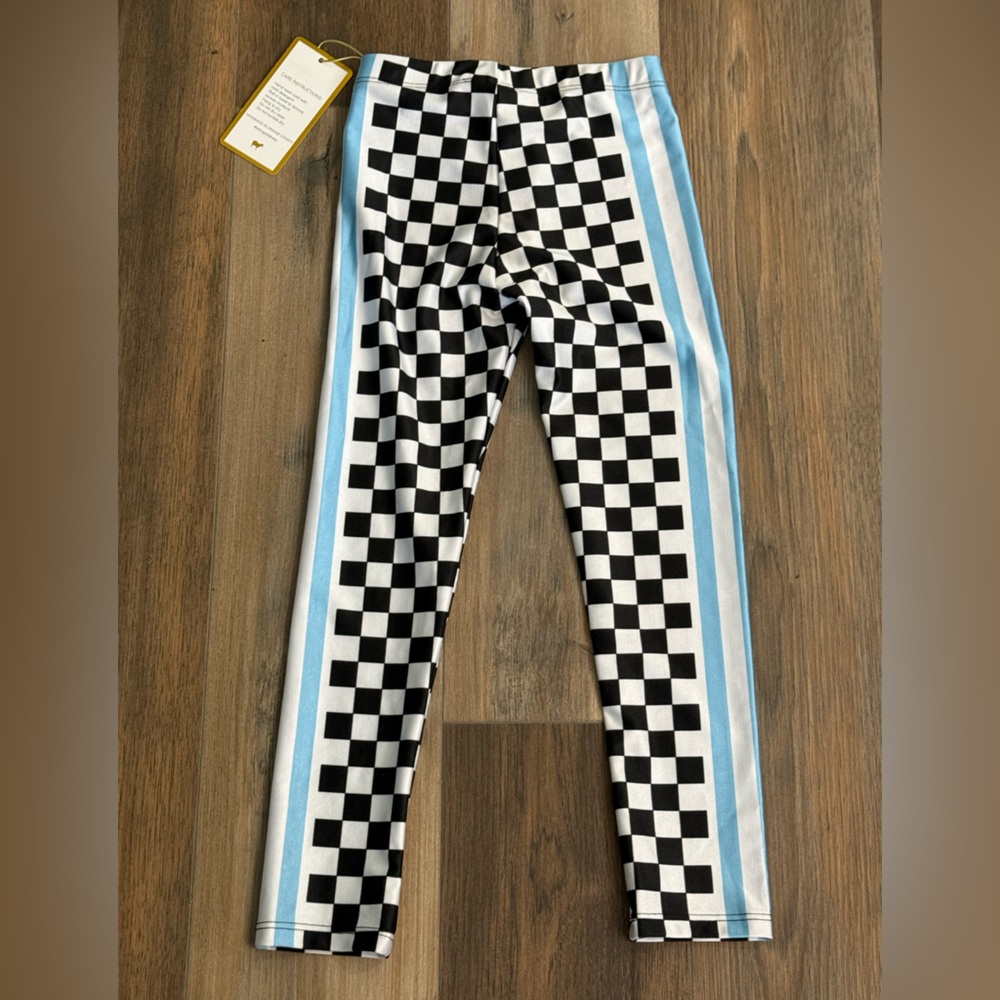 Goldsheep Black and White Checkered Leggings with Blue Stripe - Picture 5 of 6